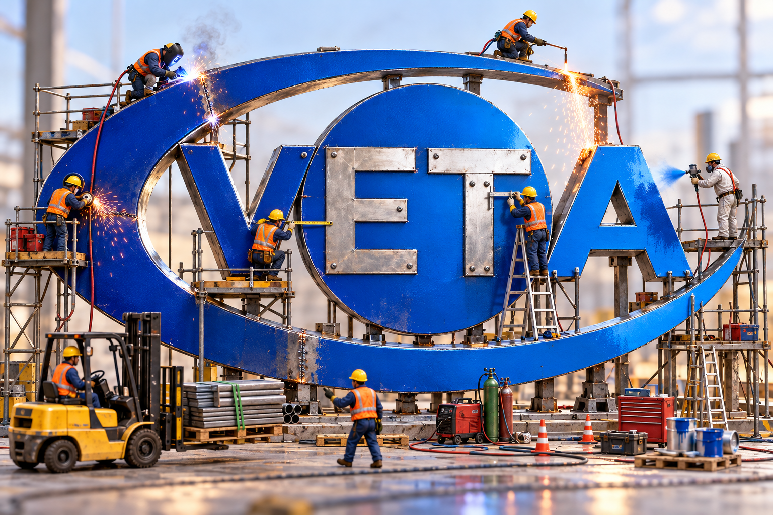 VETA logo kao metalna konstrukcija s radnicima koji zavaruju, režu, bruse, mjere i boje